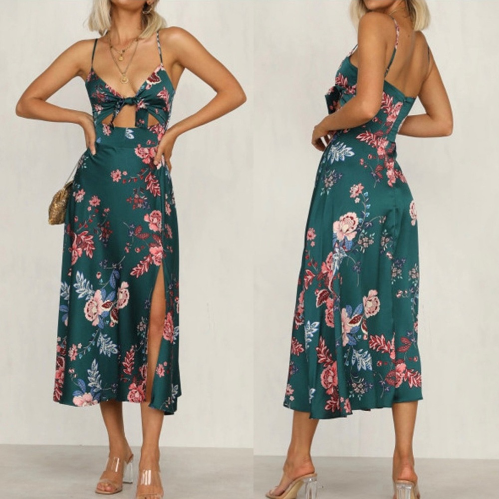 Green Floral Satin Sexy Midi Dress with Cutout Small